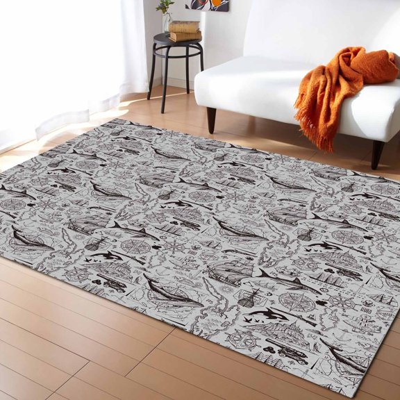 Area Rugs 5x8 Ft Ocean Shark Boat Black Line Grey Pattern Non-Slip Washable Rug Indoor Rug Floor Mats Non Shedding Carpet for Living Room Bedroom Dining Room Home Decor