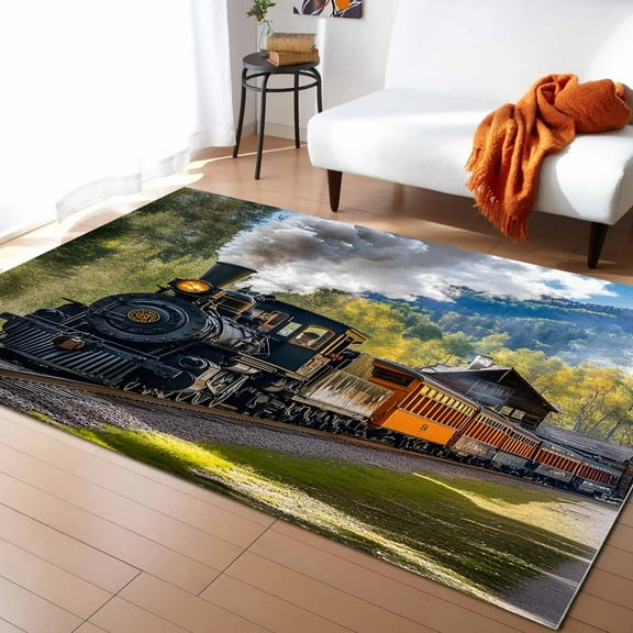 Area Rugs 5x8 Ft Retro Landscape Nature Train Steam Mountain Forest Country Non-Slip Washable Rug Indoor Rug Floor Mats Non Shedding Carpet for Living Room Bedroom Dining Room Home Decor