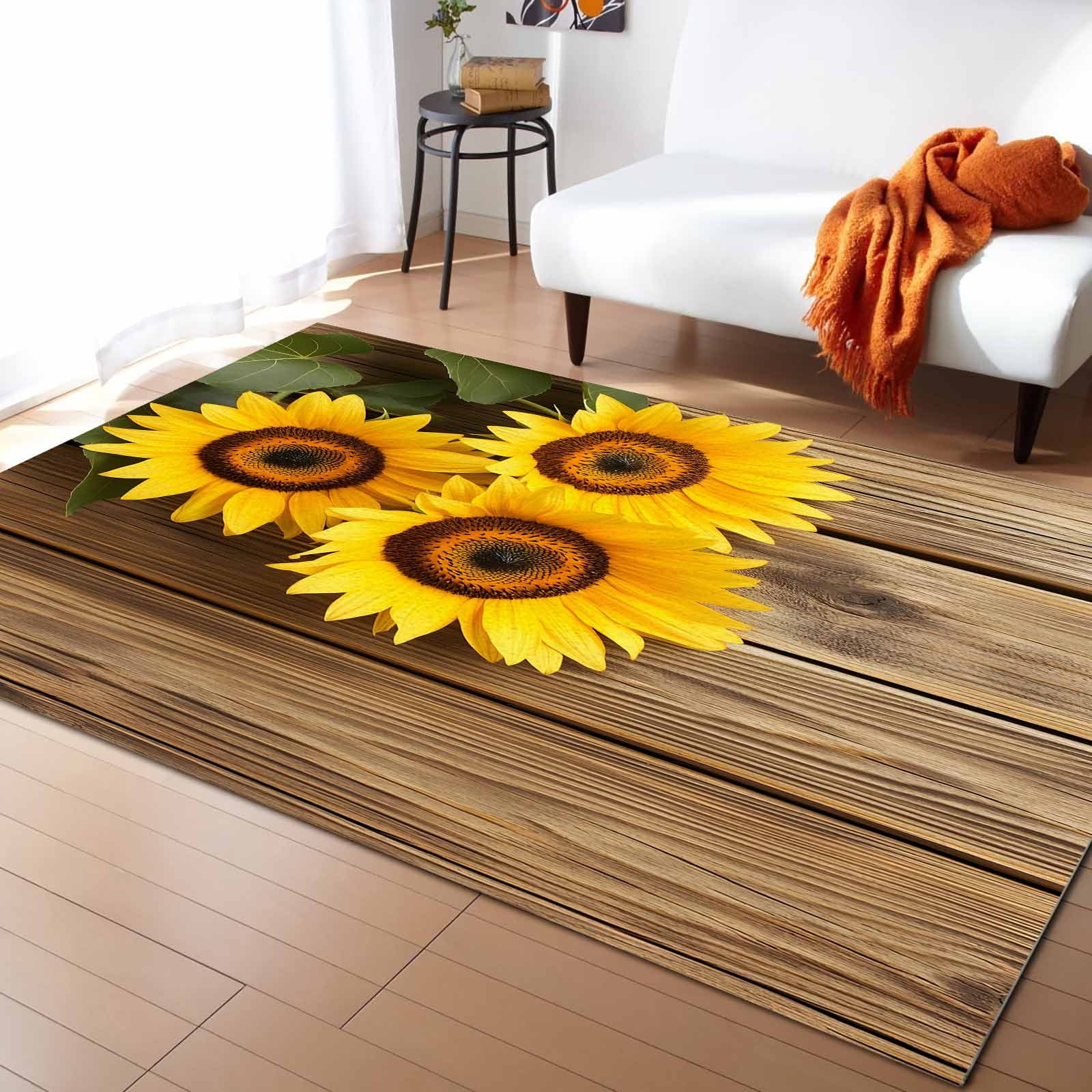 Area Rugs 5x8 Ft Retro Sunflowers Rustic Wood Grain Texture Pastoral ...
