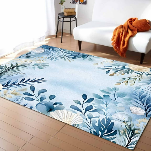 Area Rugs 5x8 Ft Summer Nautical Coastal Blue Eucalyptus Leaves Seashell Non-Slip Washable Rug Indoor Rug Floor Mats Non Shedding Carpet for Living Room Bedroom Dining Room Home Decor