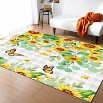 Area Rugs 5x8 Ft Sunflowers Eucalyptus Butterfly Floral Watercolor Grey Plaid Non-Slip Washable Rug Indoor Rug Floor Mats Non Shedding Carpet for Living Room Bedroom Dining Room Home Decor