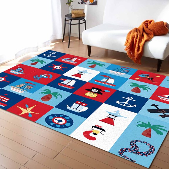 Area Rugs 5x8 Ft Tree Ship Anchor Cartoon Style Modern Splice Non-Slip Washable Rug Indoor Rug Floor Mats Non Shedding Carpet for Living Room Bedroom Dining Room Home Decor