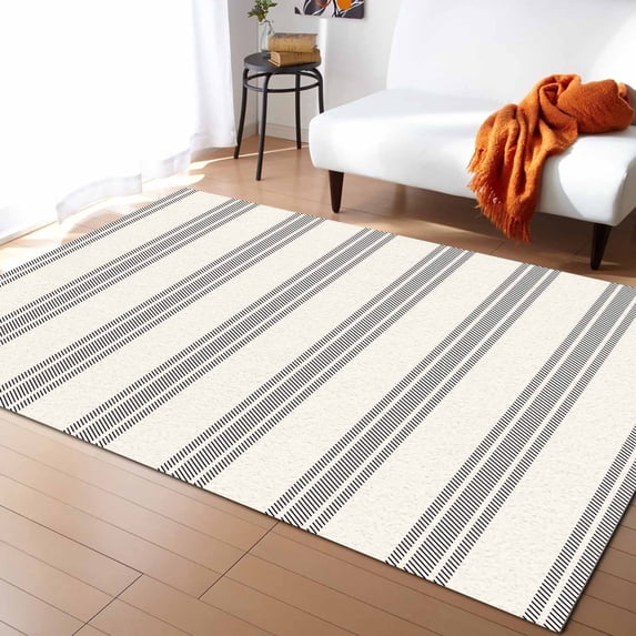 Area Rugs 5x8 Ft Vintage Black Stripes Beige Background Non-Slip Washable Rug Indoor Rug Floor Mats Non Shedding Carpet for Living Room Bedroom Dining Room Home Decor