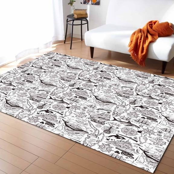 Area Rugs 5x8 Ft White Ocean Map Logo White Silhouette Art Pattern Non-Slip Washable Rug Indoor Rug Floor Mats Non Shedding Carpet for Living Room Bedroom Dining Room Home Decor