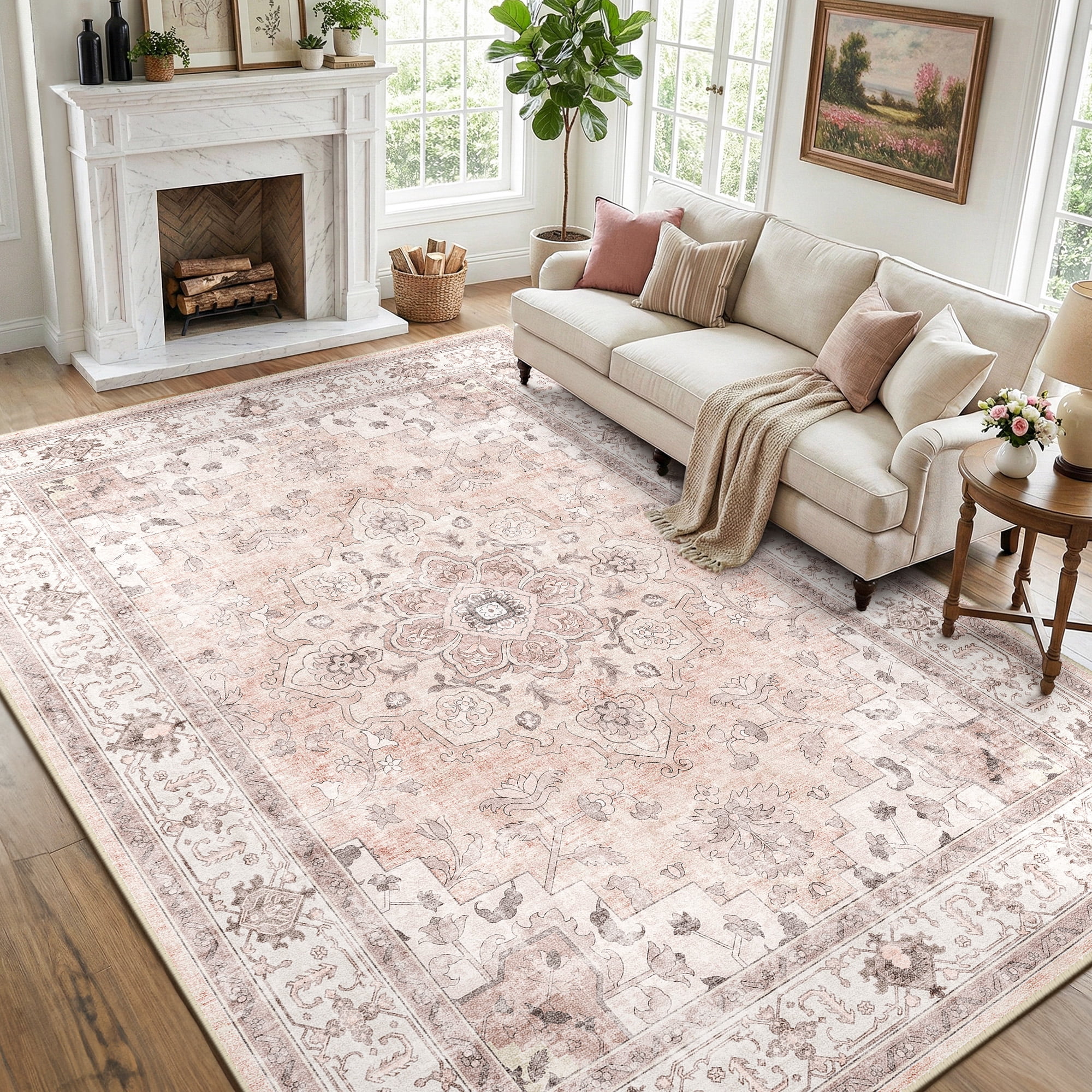 NewBuros 6'x9' Area Rugs, Machine Washable Non Slip Rugs for Living Room, Low Pile Water Repellent Soft Vintage Print Pattern Bedroom Carpet, Pink