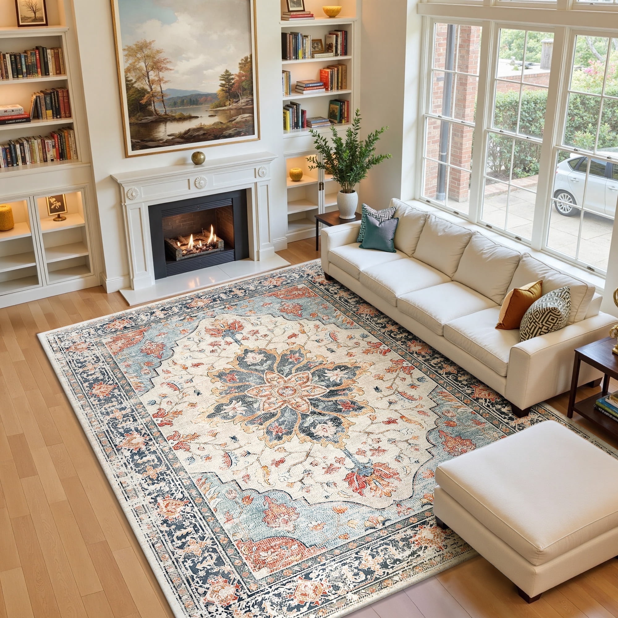 NewBuros 6'x9' Washable Area Rug for Living Room, Non Slip Vintage Distress Print Pattern Floral Rug, Soft Low Pile Indoor Carpet for Bedroom Dining Room, Beige Colorful