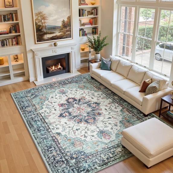 NewBuros Area Rugs 6'x9' Non-Slip Washable, Floral Vintage Distress Print Pattern Low Pile Soft Indoor Rugs for Living Room Bedroom Dining Room, Teal Colorful