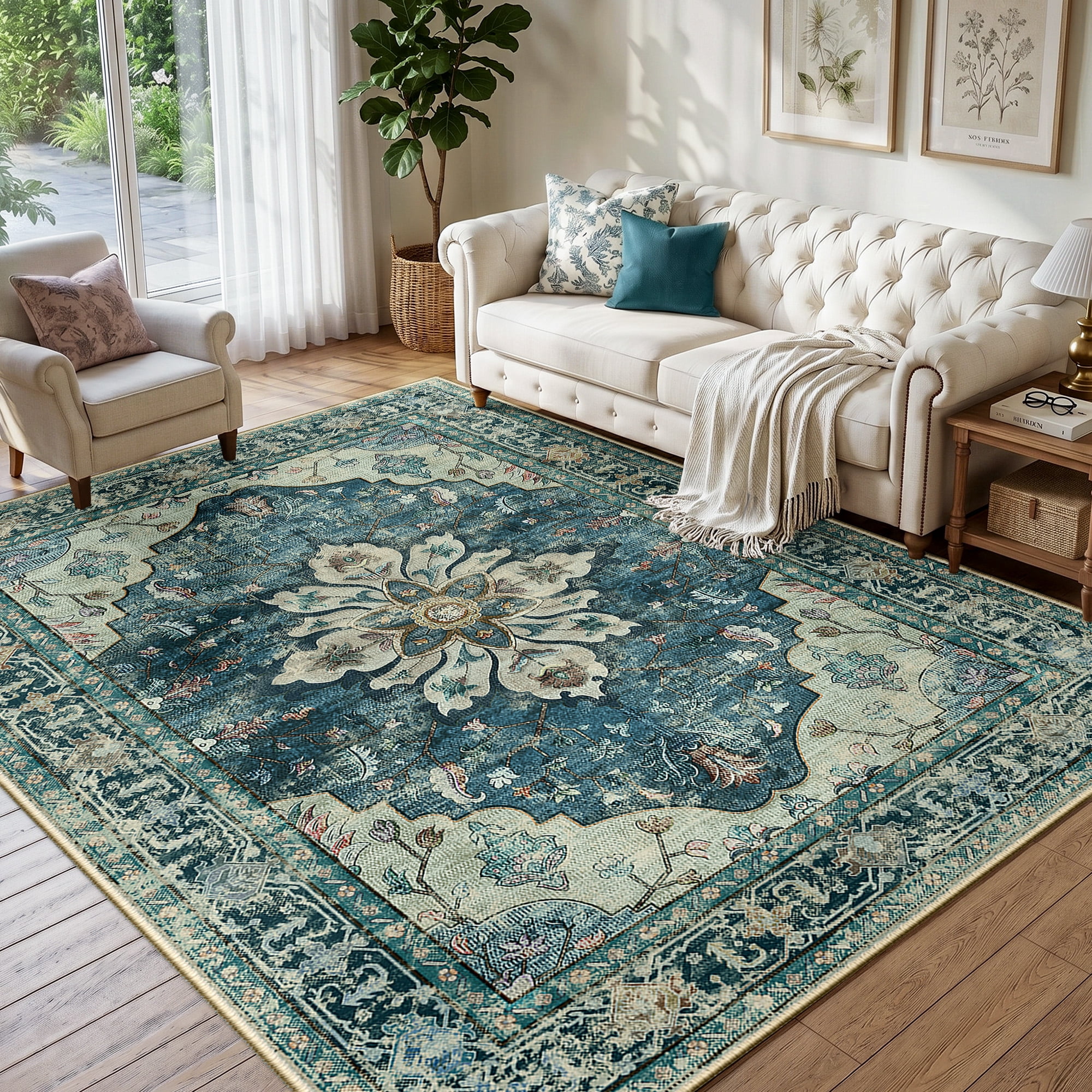 NewBuros 6'x9' Washable Area Rug for Living Room, Non Slip Vintage Distress Print Pattern Floral Rug, Soft Low Pile Indoor Carpet for Bedroom Dining Room, Dark Blue
