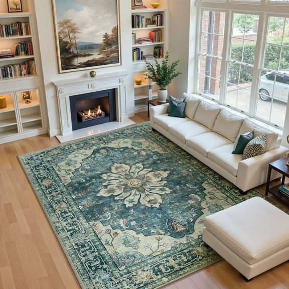 NewBuros Area Rugs 6'x9' Non-Slip Washable, Floral Vintage Distress Print Pattern Low Pile Soft Indoor Rugs for Living Room Bedroom Dining Room, Dark Blue