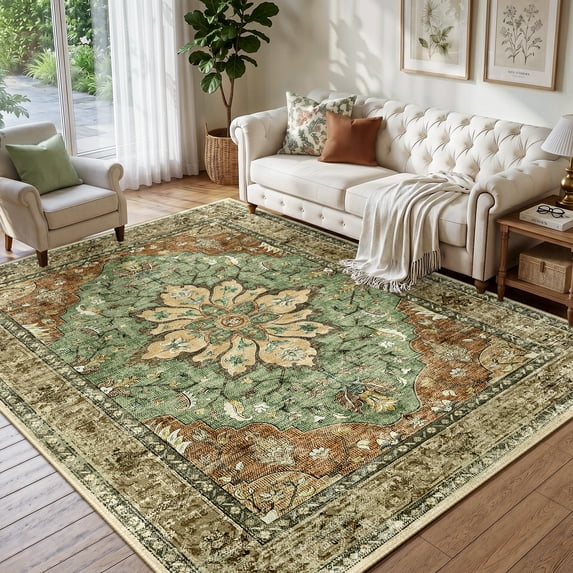 NewBuros 6'x9' Washable Area Rug for Living Room, Non Slip Vintage Distress Print Pattern Floral Rug, Soft Low Pile Indoor Carpet for Bedroom Dining Room, Brick Red Green