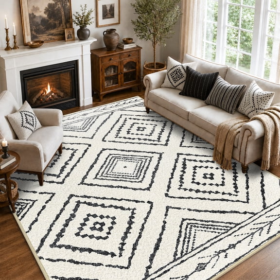 NewBuros 6'x9' Area Rug for Living Room, Machine Washable Non-Slip Rug, Soft Low Pile Stain Resistant Vintage Western Indoor Rug for Bedroom Dining Room, White & Black