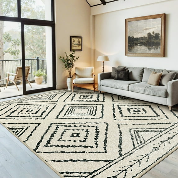 NewBuros 6'x9' Area Rugs for Living Room, Non-Slip Machine Washable Rugs, Soft Stain Resistant Low Pile Vintage Distressed Print Western Indoor Carpet, White & Black