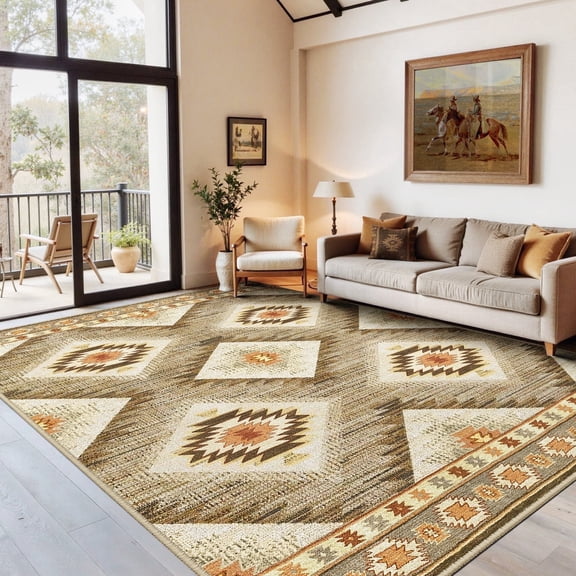 NewBuros 6'x9' Area Rug for Living Room, Machine Washable Non-Slip Rug, Soft Low Pile Stain Resistant Vintage Western Indoor Rug for Bedroom Dining Room, Camel