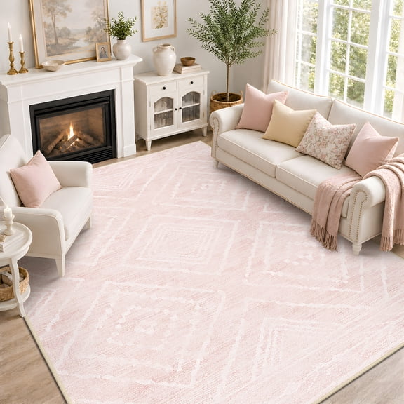 NewBuros 6'x9' Area Rug for Living Room, Machine Washable Non-Slip Rug, Soft Low Pile Stain Resistant Vintage Western Indoor Rug for Bedroom Dining Room, Light Pink