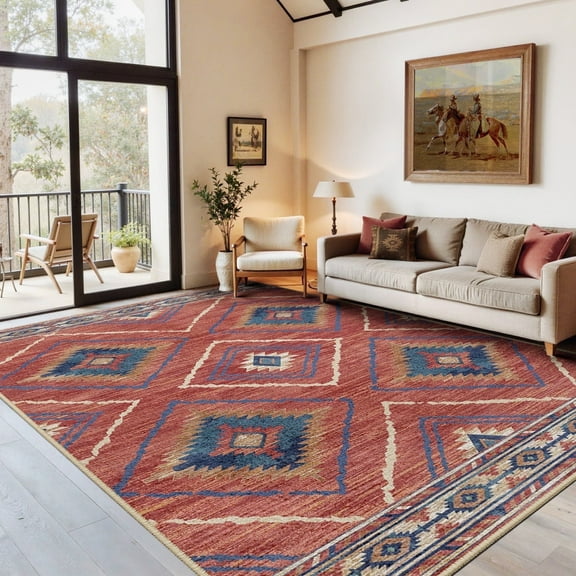 NewBuros 6'x9' Area Rugs for Living Room, Non-Slip Machine Washable Rugs, Soft Stain Resistant Low Pile Vintage Distressed Print Western Indoor Carpet, Red
