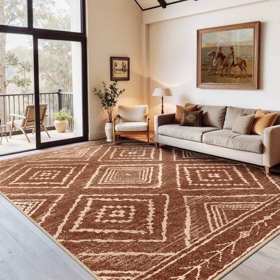 NewBuros 6'x9' Area Rugs for Living Room, Non-Slip Machine Washable Rugs, Soft Stain Resistant Low Pile Vintage Distressed Print Western Indoor Carpet, Yellowbrown