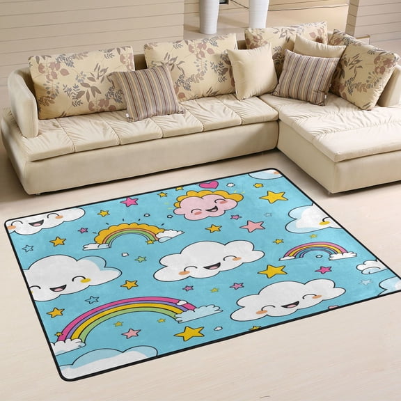 Area Rugs 72"x48" Indoor Non-Slip Wear Resistant Floor Mats Soft Large Carpets for Living Room, Bedroom, Home Decor Washable Rug Cartoon Clouds Rainbow