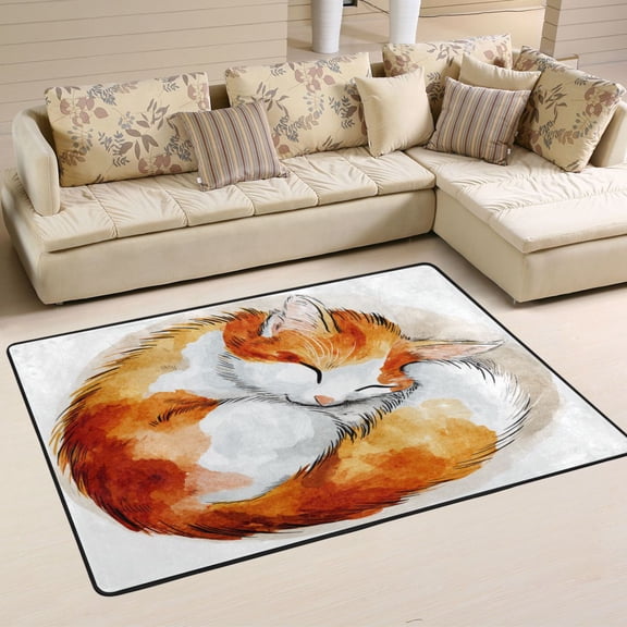 Area Rugs 72"x48" Indoor Non-Slip Wear Resistant Floor Mats Soft Large Carpets for Living Room Bedroom Home Decor Washable Rug Cute Sleeping Orange Cat