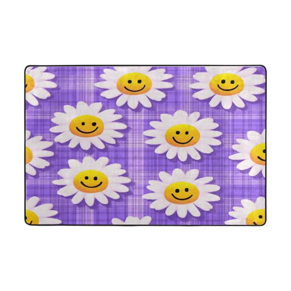 Area Rugs 72"x48" Indoor Non-Slip Wear Resistant Floor Mats Soft Large Carpets for Living Room Bedroom Home Decor Washable Rug Cute Smiling Daisies on Purple