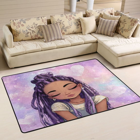 Area Rugs 72"x48" Indoor Non-Slip Wear Resistant Floor Mats Soft Large Carpets for Living Room Bedroom Home Decor Washable Rug Girl with Purple Braids