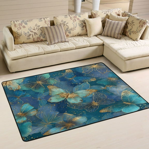 Area Rugs 72"x48" Indoor Non-Slip Wear Resistant Floor Mats Soft Large Carpets for Living Room Bedroom Home Decor Washable Rug Gold and Teal Butterflies