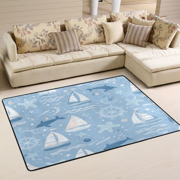 Area Rugs 72"x48" Indoor Non-Slip Wear Resistant Floor Mats Soft Large Carpets for Living Room Bedroom Home Decor Washable Rug Light Blue Marine Animal Design