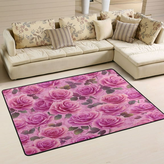 Area Rugs 72"x48" Indoor Non-Slip Wear Resistant Floor Mats Soft Large Carpets for Living Room Bedroom Home Decor Washable Rug Magenta-red Roses Pattern