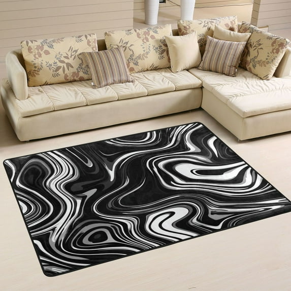 Area Rugs 72"x48" Indoor Non-Slip Wear Resistant Floor Mats Soft Large Carpets for Living Room Bedroom Home Decor Washable Rug Matte Black Flowing Lines