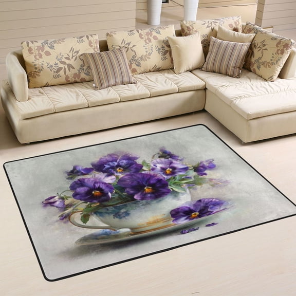 Area Rugs 72"x48" Indoor Non-Slip Wear Resistant Floor Mats Soft Large Carpets for Living Room Bedroom Home Decor Washable Rug Oil Painting Of Pansies