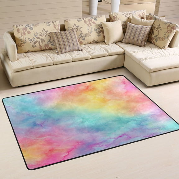 Area Rugs 72"x48" Indoor Non-Slip Wear Resistant Floor Mats Soft Large Carpets for Living Room Bedroom Home Decor Washable Rug Pastel Rainbow Tie-dye Pattern