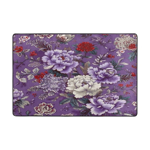 Area Rugs 72"x48" Indoor Non-Slip Wear Resistant Floor Mats Soft Large Carpets for Living Room Bedroom Home Decor Washable Rug Peonies on Dark Purple Background