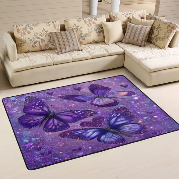 Area Rugs 72"x48" Indoor Non-Slip Wear Resistant Floor Mats Soft Large Carpets for Living Room Bedroom Home Decor Washable Rug Shimmering Purple Butterflies