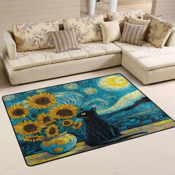 Area Rugs 72"x48" Indoor Non-Slip Wear Resistant Floor Mats Soft Large Carpets for Living Room Bedroom Home Decor Washable Rug Sunflowers and A Quiet Cat