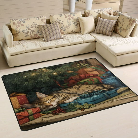 Area Rugs 72"x48" Indoor Non-Slip Wear Resistant Floor Mats Soft Large Carpets for Living Room Bedroom Home Decor Washable Rug Tabby Cat and Christmas Presents