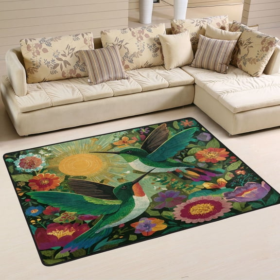 Area Rugs 72"x48" Indoor Non-Slip Wear Resistant Floor Mats Soft Large Carpets for Living Room Bedroom Home Decor Washable Rug Two Affectionate Green Hummingbirds