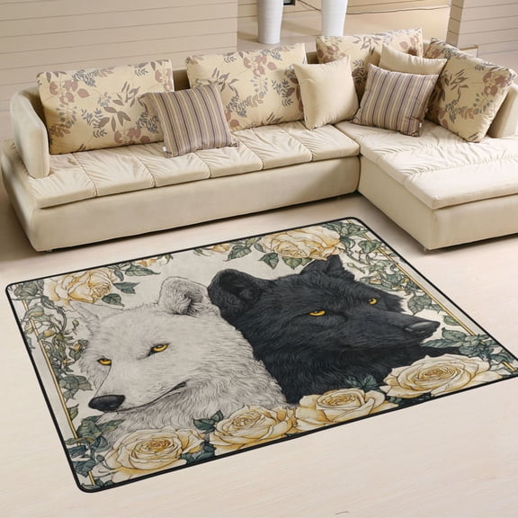 Area Rugs 72"x48" Indoor Non-Slip Wear Resistant Floor Mats Soft Large Carpets for Living Room Bedroom Home Decor Washable Rug Two Black and White Wolves