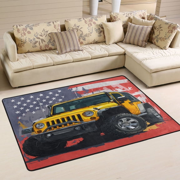 Area Rugs 72"x48" Indoor Non-Slip Wear Resistant Floor Mats Soft Large Carpets for Living Room Bedroom Home Decor Washable Rug Yellow Jeep Car Pattern