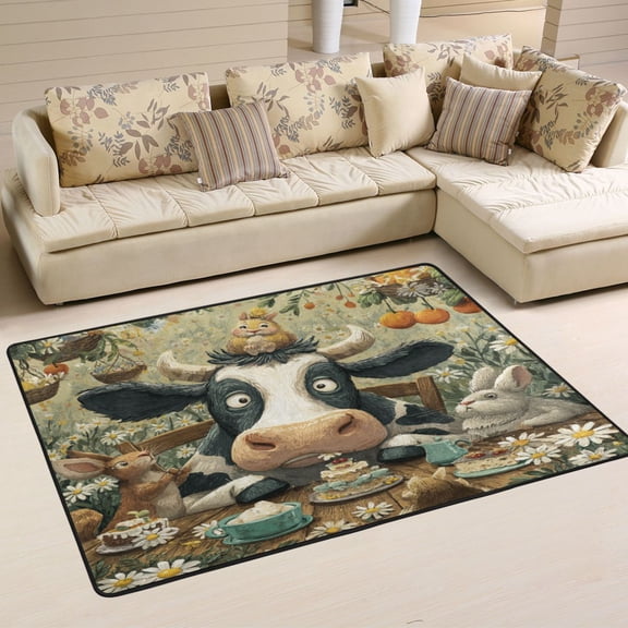 Area Rugs 72"x48" Indoor Non-Slip Wear Resistant Floor Mats Soft Large Carpets for Living Room Bedroom Home Decor Washable Rug Cute Cow and Rabbits