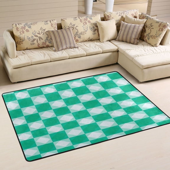 Area Rugs 72"x48" Indoor Non-Slip Wear Resistant Floor Mats Soft Large Carpets for Living Room Bedroom Home Decor Washable Rug Emerald Green Squares