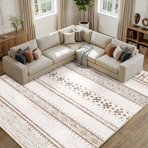KoshiMe Area Rugs 8'x10', Low Pile Non-Slip Washable Rug for Living Room, Soft Boho Moroccan Neutral Geometric Indoor Rug for Bedroom Dining Room Office, Cream Brown
