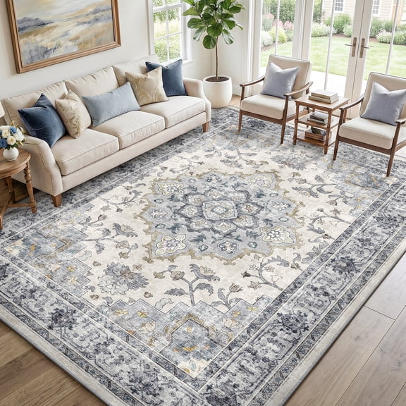 NewBuros 8'x10' Area Rugs, Machine Washable Non Slip Rugs for Living Room, Low Pile Water Repellent Soft Vintage Print Pattern Bedroom Carpet, Blue & White