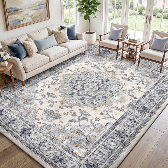 NewBuros 8'x10' Area Rugs, Machine Washable Non Slip Rugs for Living Room, Low Pile Water Repellent Soft Vintage Print Pattern Bedroom Carpet, Blue & White