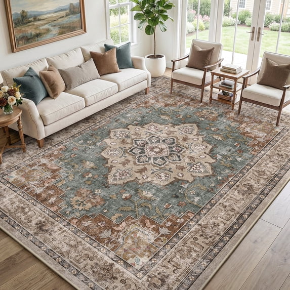 NewBuros 8'x10' Area Rugs, Machine Washable Non Slip Rugs for Living Room, Low Pile Water Repellent Soft Vintage Print Pattern Bedroom Carpet, Brick & Green