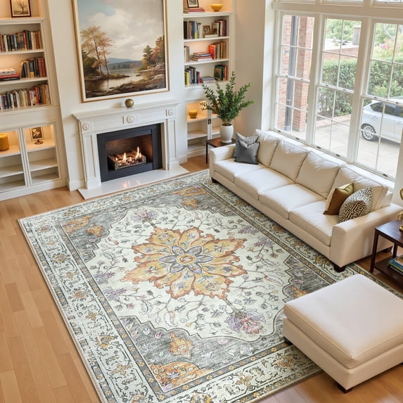 NewBuros 8'x10' Washable Area Rug for Living Room, Non Slip Vintage Distress Print Pattern Floral Rug, Soft Low Pile Indoor Carpet for Bedroom Dining Room, Light Yellow Gray