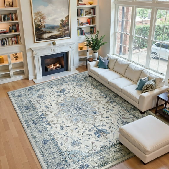 NewBuros Area Rugs 8'x10' Non-Slip Washable, Floral Vintage Distress Print Pattern Low Pile Soft Indoor Rugs for Living Room Bedroom Dining Room, Blue Beige