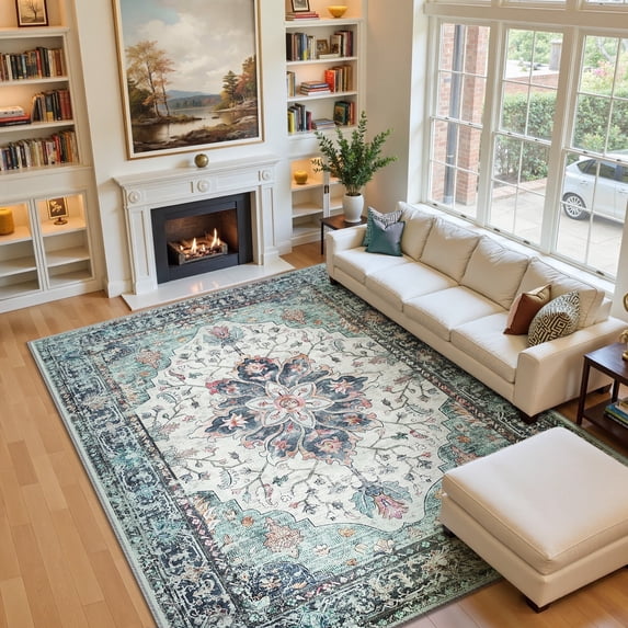 NewBuros Area Rugs 8'x10' Non-Slip Washable, Floral Vintage Distress Print Pattern Low Pile Soft Indoor Rugs for Living Room Bedroom Dining Room, Teal Colorful