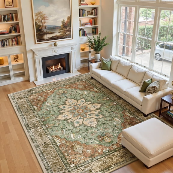 NewBuros 8'x10' Washable Area Rug for Living Room, Non Slip Vintage Distress Print Pattern Floral Rug, Soft Low Pile Indoor Carpet for Bedroom Dining Room, Brick Red Green
