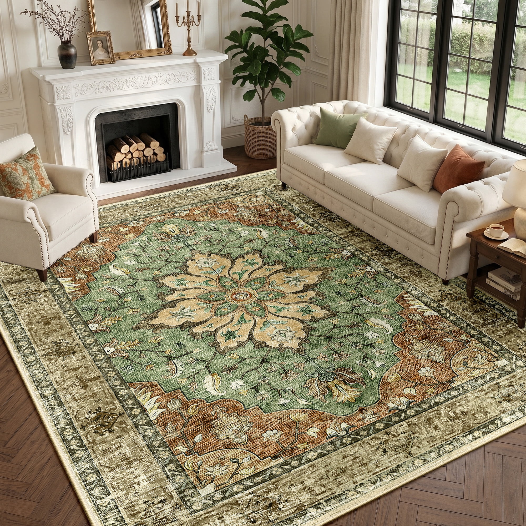 NewBuros 8'x10' Washable Area Rug for Living Room, Non Slip Vintage Distress Print Pattern Floral Rug, Soft Low Pile Indoor Carpet for Bedroom Dining Room, Brick Red Green