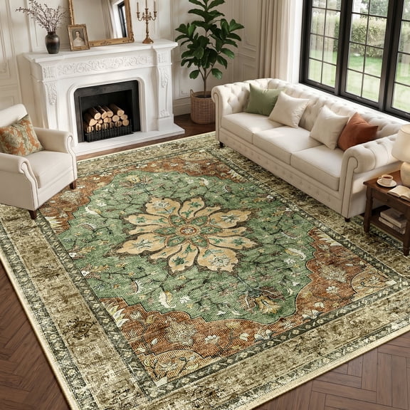 NewBuros 8'x10' Washable Area Rug for Living Room, Non Slip Vintage Distress Print Pattern Floral Rug, Soft Low Pile Indoor Carpet for Bedroom Dining Room, Brick Red Green
