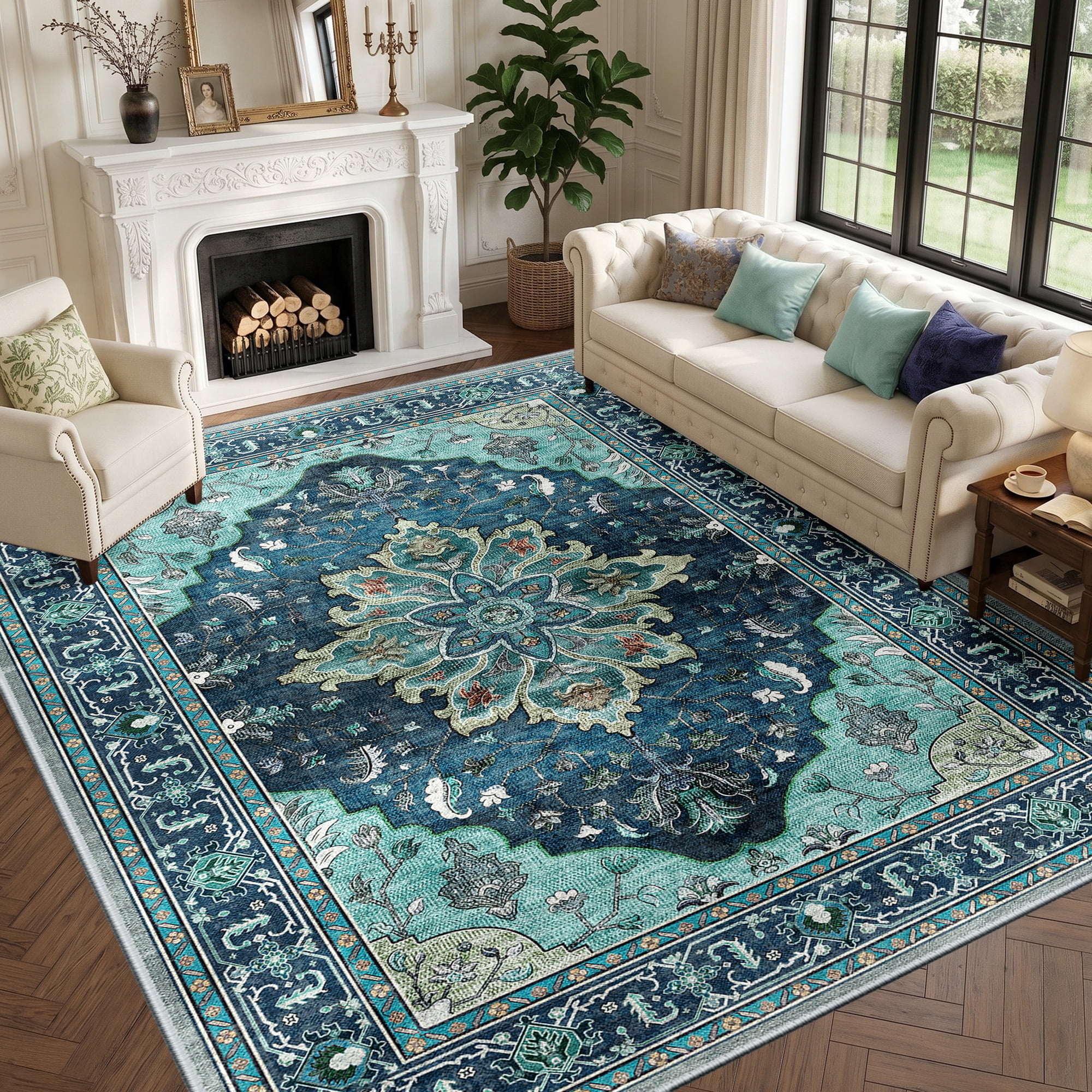 NewBuros 8'x10' Washable Area Rug for Living Room, Non Slip Vintage Distress Print Pattern Floral Rug, Soft Low Pile Indoor Carpet for Bedroom Dining Room, Teal Green